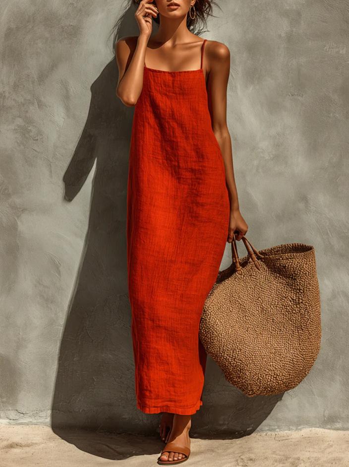 2026 Cross-Border Amazon Independent Station Adjustable Shoulder Strap Square Neckline Bohemian Vacation Style Dress XS красный