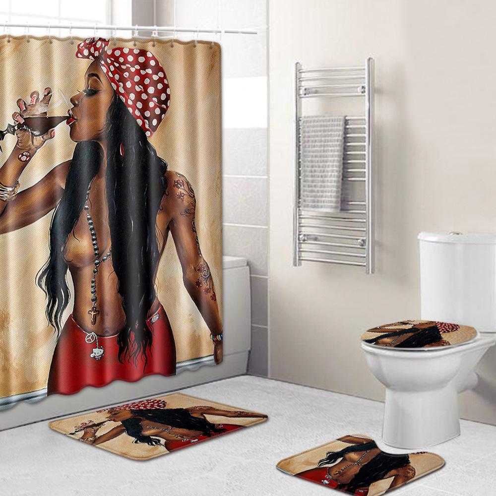 Printed Woman'S Head Pattern Bathroom Floor Mat Shower Curtain Carpet Combination E-Commerce