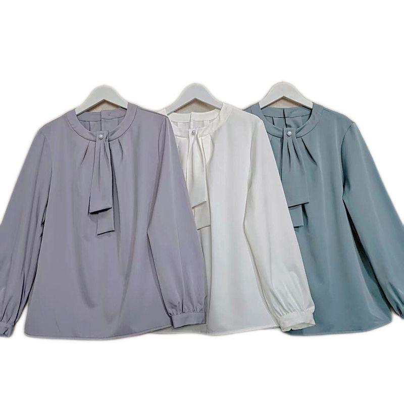 

to Japan Pure Original Tail Goods Imitation Satin Stand Collar Ribbon Pearl Buckle Long sleeve Shirt Women Solid Professional Light Luxury Spring White pearl buckle micro-dyeing L