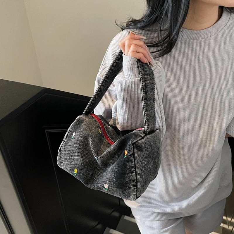 Denim Small Square Bag Flower Embroidery Lightweight Women's Shoulder Bag