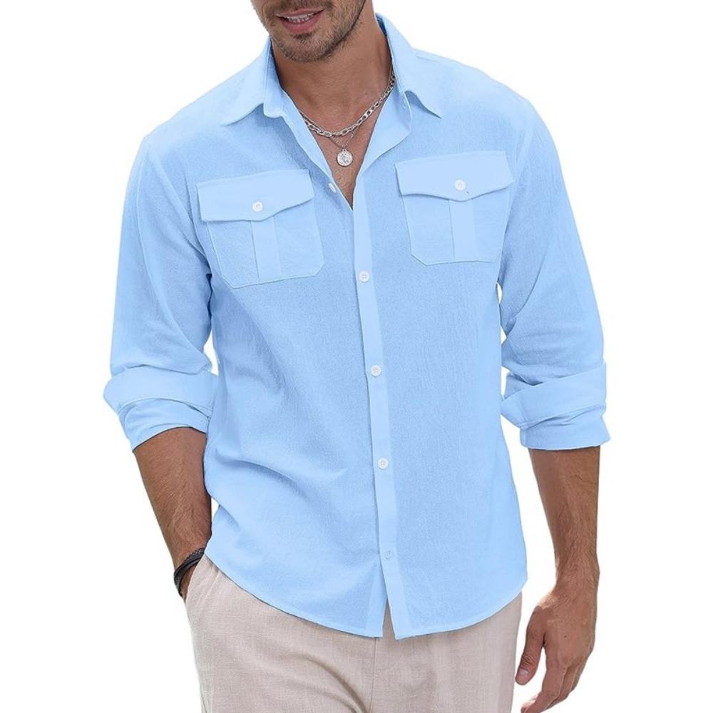 Maglietta polo da uomo a maniche lunghe per primavera ed estate, design a doppia tasca, alla moda, casual, slim, traspirante, tinta unita, camicia da uomo a maniche lunghe