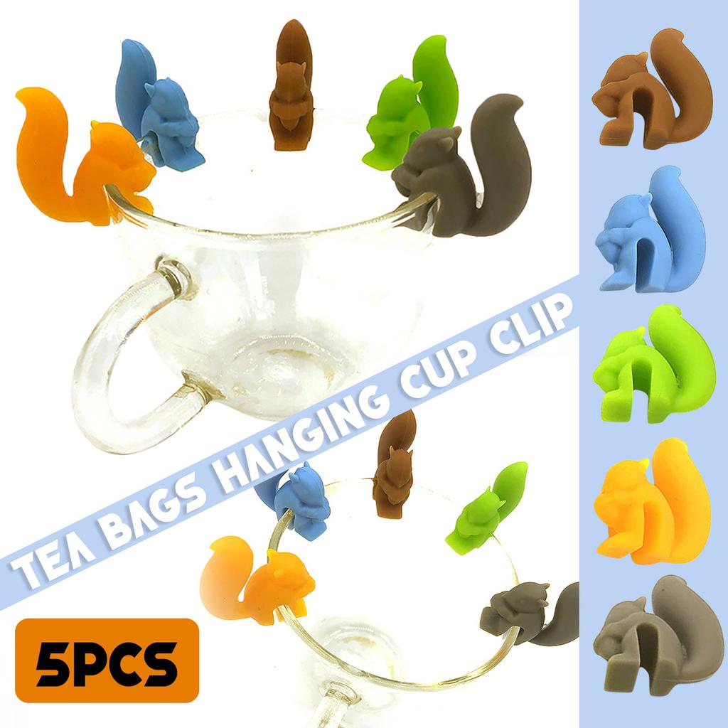 5Pcs/set Squirrels Tea Bag Hanging Holder Cup Silicone Cup Marker Kitchen Gadget