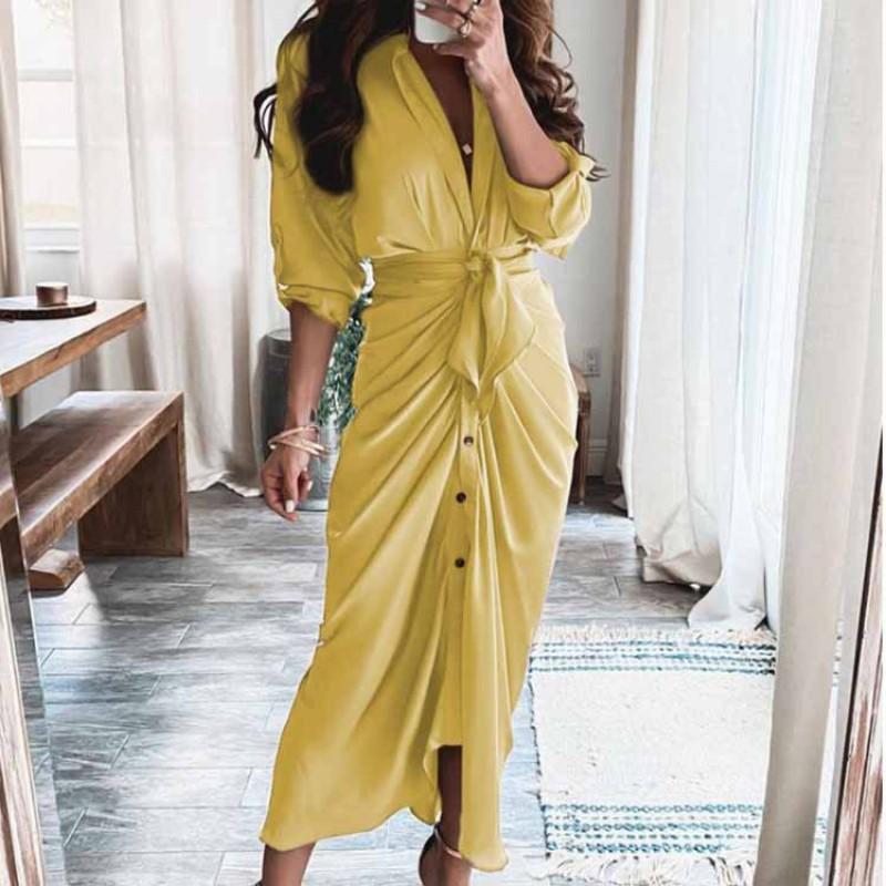 2026 Womens Elegant V-Neck Wrap Tie High-Waist Floral Print Long Dress Slim Fit Casual Office Wear