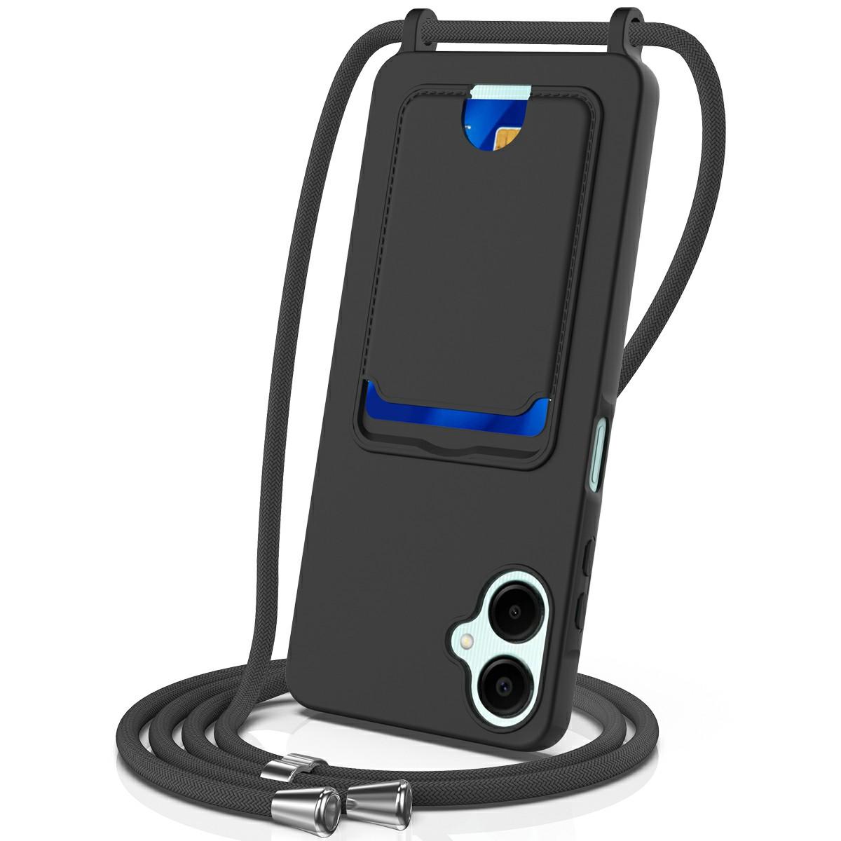 

For Samsung Galaxy A06 4G Case Liquid Silicone Card Holder Phone Back Cover with Lanyard Black