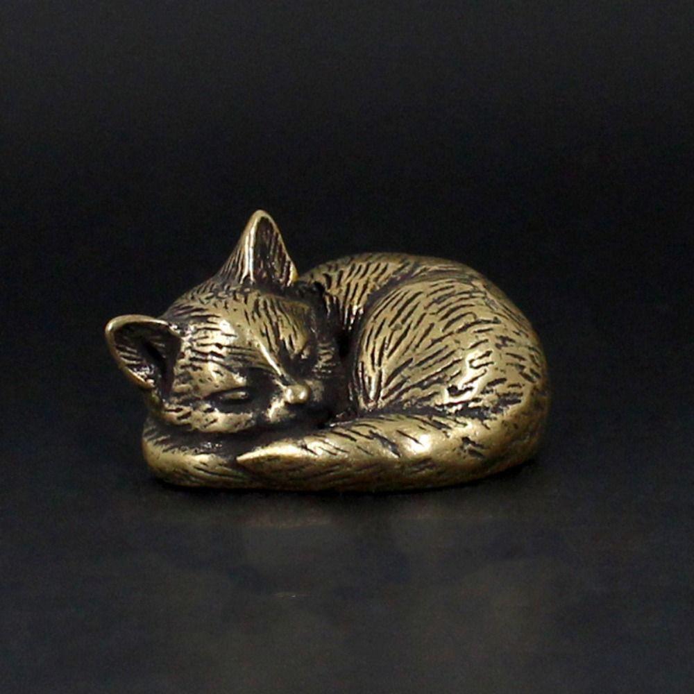 Retro Animal Figurines Brass Tea Pet Desktop Ornament Small Cat Metal Statue  Home