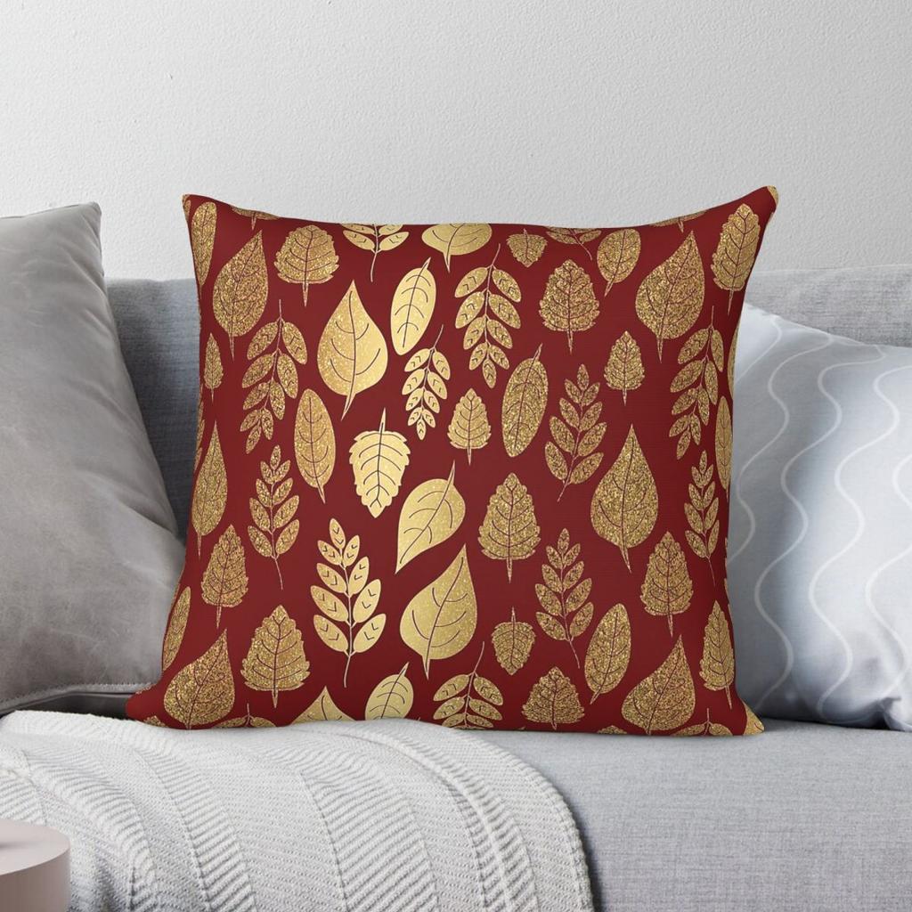 Gold And Red Leaf Square Pillowcase Polyester Linen Velvet Pattern Zip Decorative Bed Cushion Cover