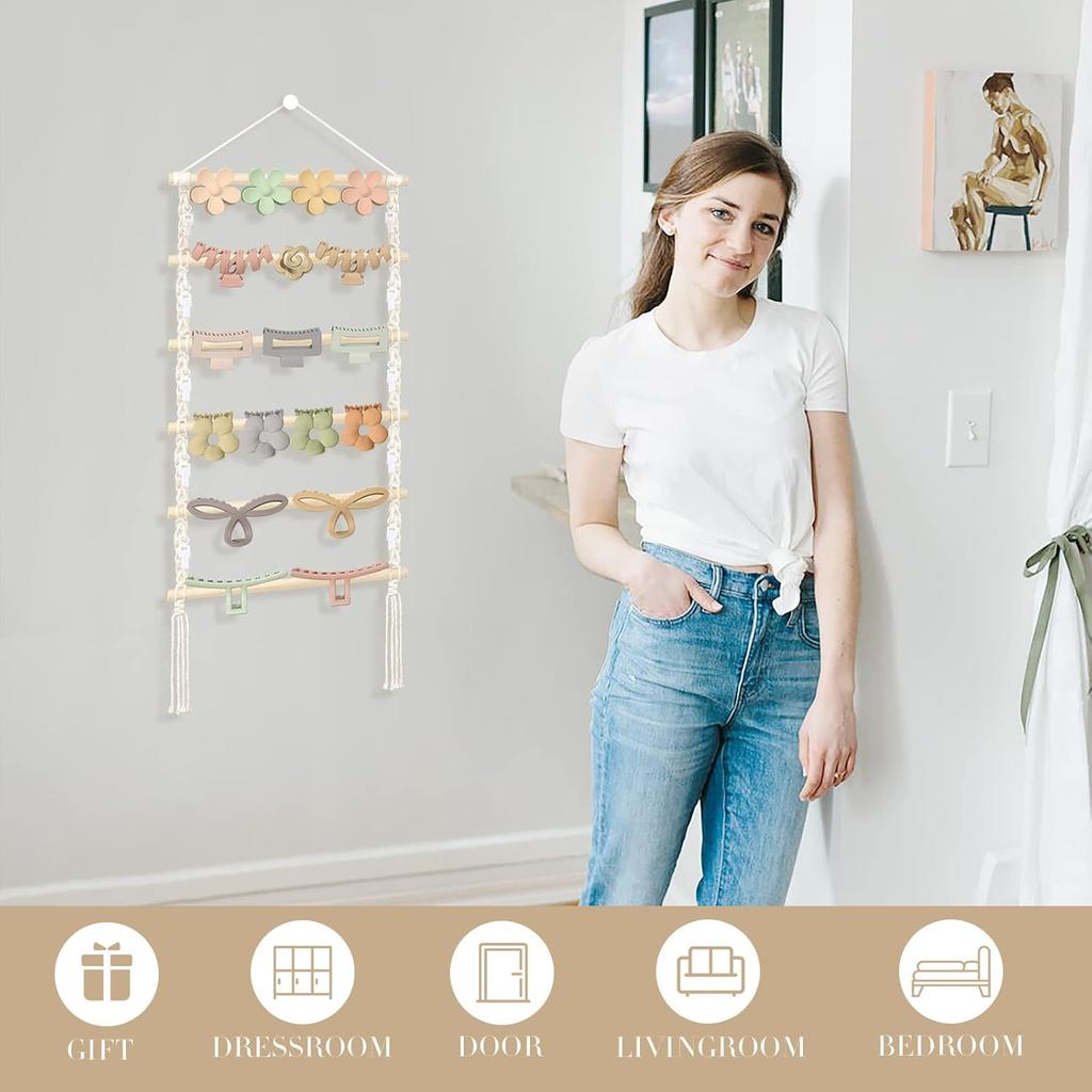 Hair Claw Clip Organizer,Macrame Hanging Hair Clip Holder and Storage for girls,Claw Clips Hanger Home Boho Decor for Wall,Door,Closet
