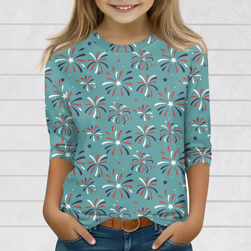Print Tops For Youth Girls 3-10 Years Round Neck 3/4 Sleeves T-Shirts Trendy Tops Outfit Tees