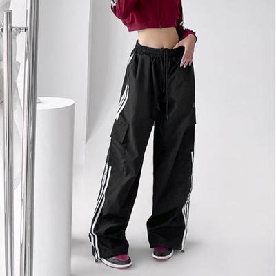 Vintage Gestreifte Jogginghose Hip Hop Damen Retro Streetwear Baggy Wide Leg Cargohose Y2K Hohe Taille Kordelzug Joggerhose