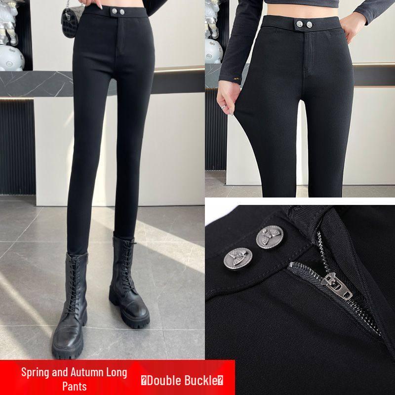 Black High-Waist Stretch Leggings for Women, Plus Size, Fleece-Lined, Slim-Fit Spring/Autumn.