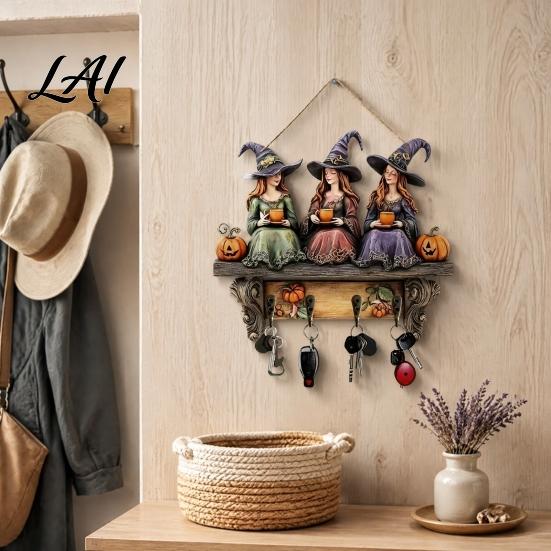 Dark Aesthetic Wall Art Halloween Entryway Key Holder with 4 Hooks Wooden Hanging Sign Mount Rack for Keys Bags And Leashes Home Organizer Mudroom