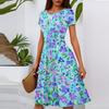 Women's Casual Fashion Round Neck Pleated Short Sleeve Floral Print A-Line Midi Dress