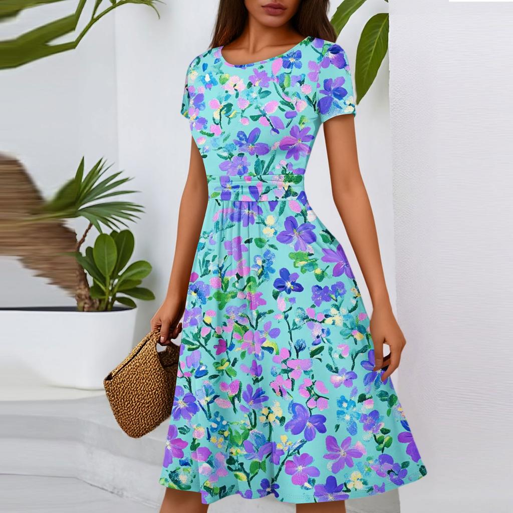 Women's Casual Fashion Round Neck Pleated Short Sleeve Floral Print A-Line Midi Dress
