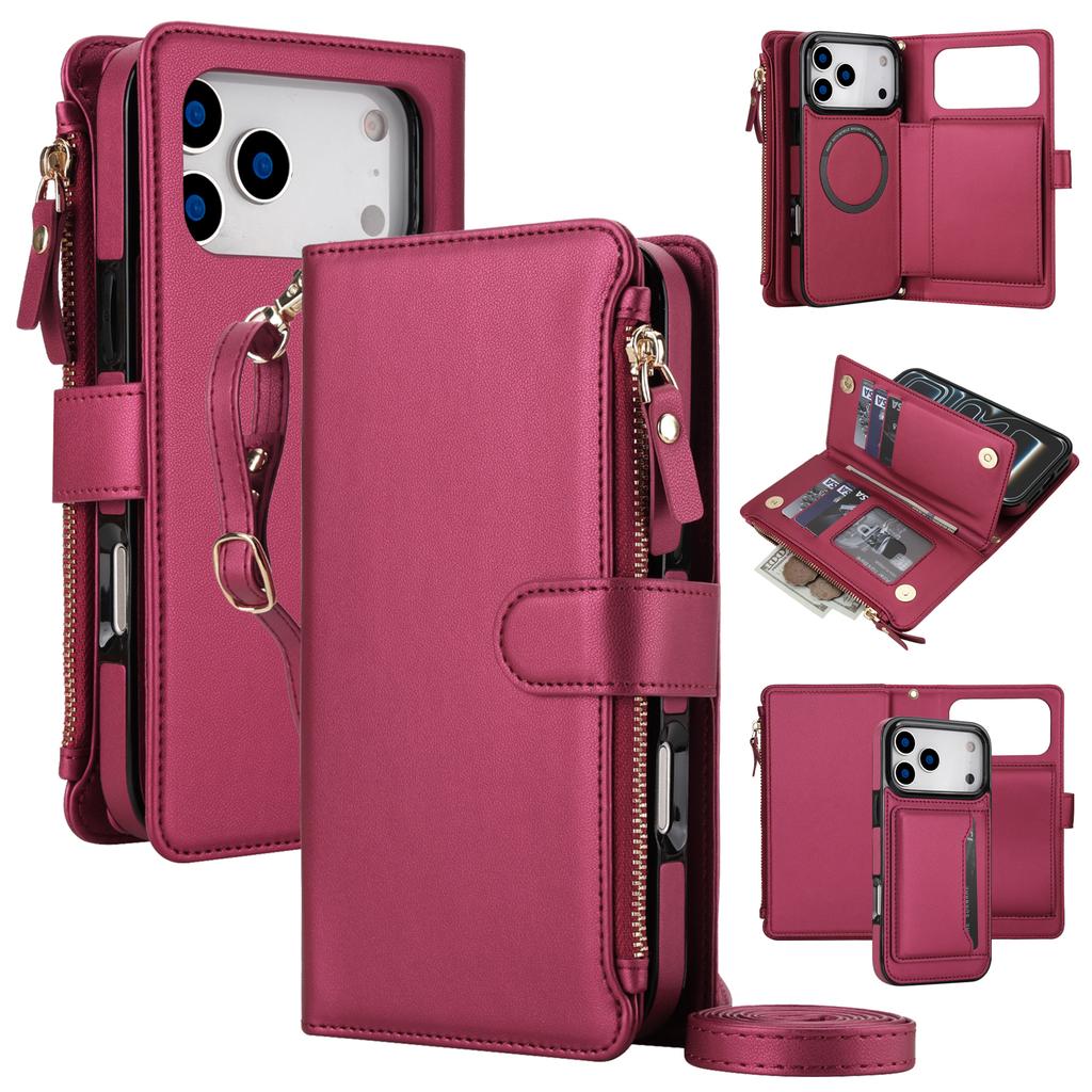 Custodia in Pelle a Portafoglio con Laccio Lungo da Collo e Slot per Carte per iPhone 17 Pro Max 16 15 14 13 12 11 Antiurto Per Cover Magsafe