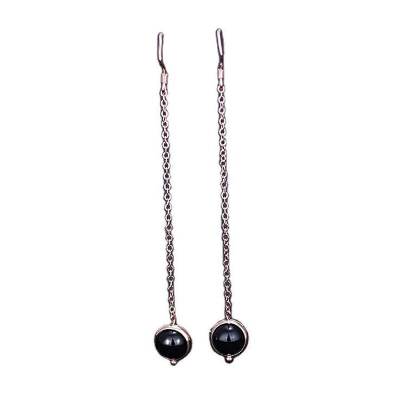 

BELLA BOX New Rose Gold, Simple And Fashionable, Long Black Agate Tassel 925 Earrings And Accessories, Anti-allergy чёрный