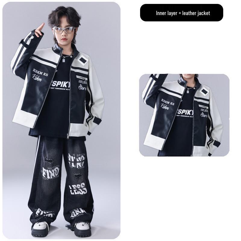 Neujahr Kinder Hip Hop Tanz Outfit - Amerikanische Trendige Lederjacke & Performance Set