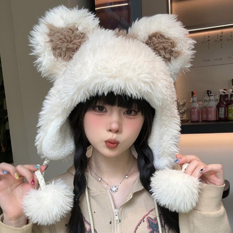 Girls Bear Hat Y2K Furry Ears Hat Furry Bear Gifts Warm Winter Hat Adult Children Furry Ears Winter Photo Props