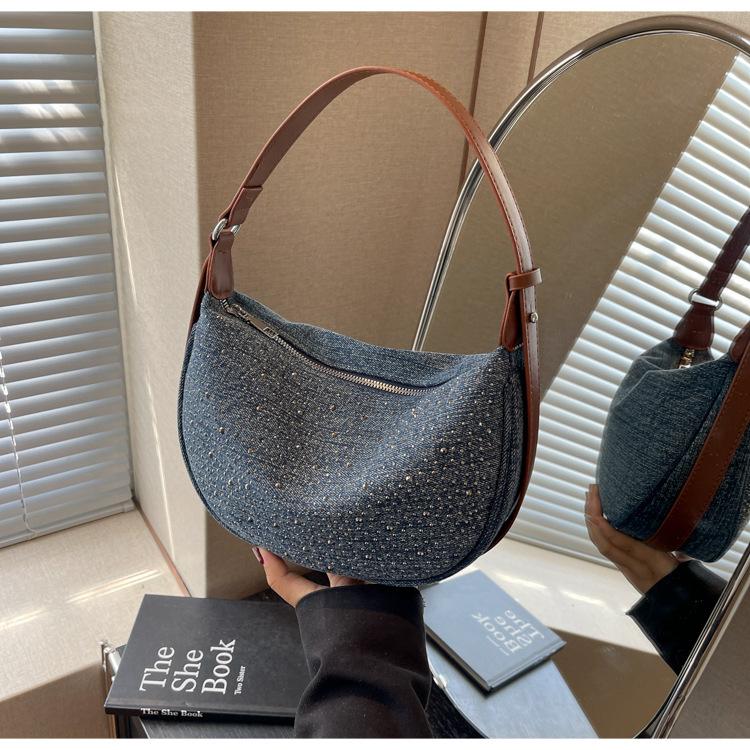 

Fashion bright diamond handheld dumpling bag 2025 new niche design messenger bag denim commuter women s shoulder bag