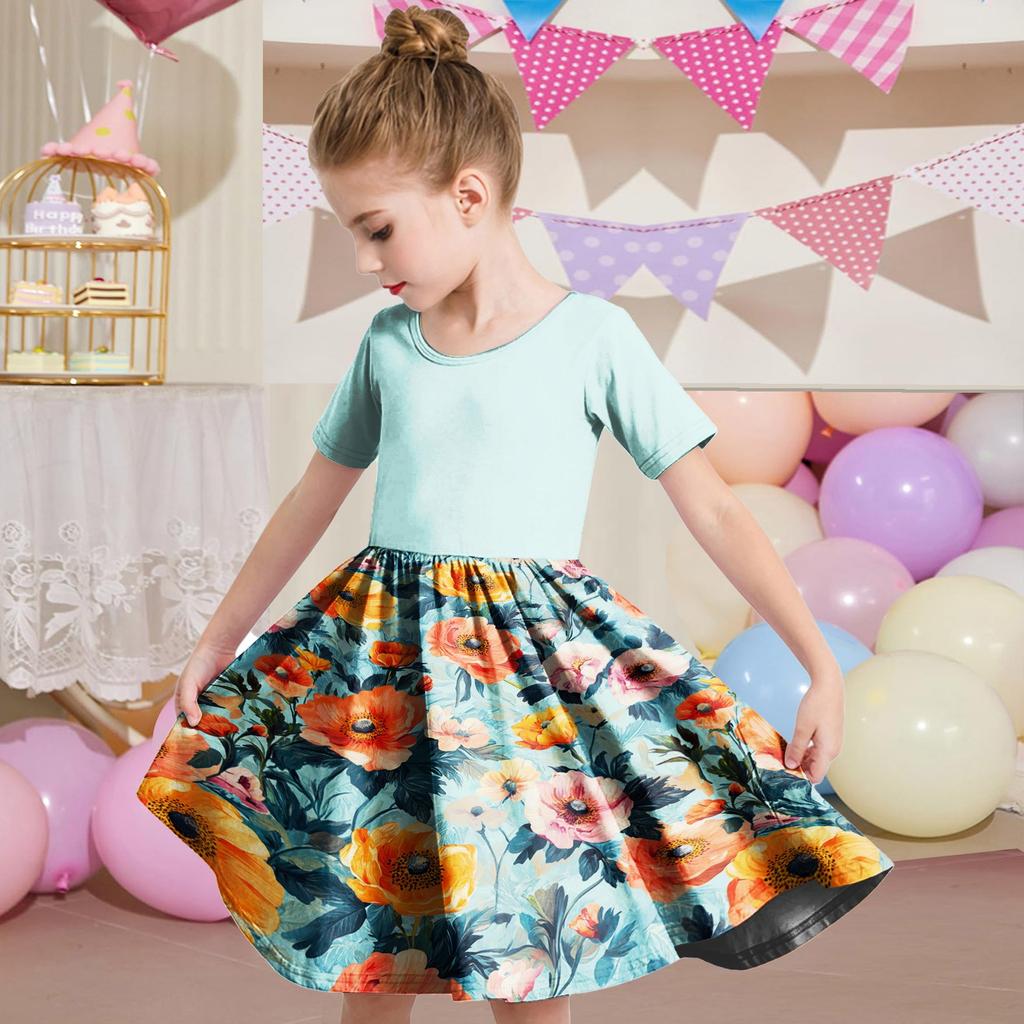 Girl Summer Dress Toddler Skater Dress Color Short Sleeve Casual A-Line T-Shirt Dress