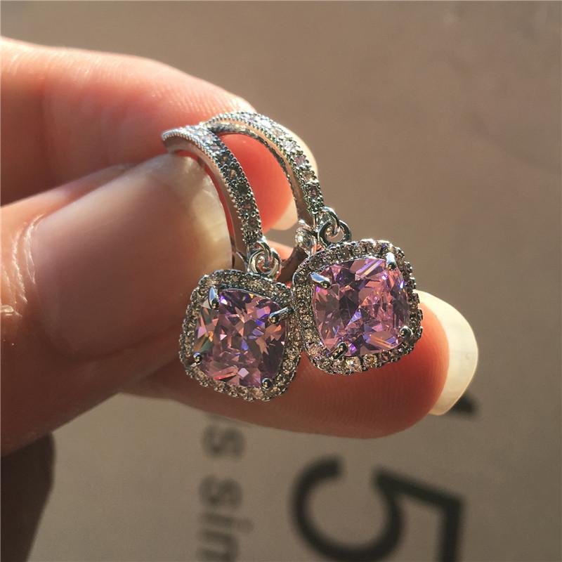 Luxury Female Crystal Black Zircon Stone Blue Green Square Drop Earrings Silver Color Wedding  For Women