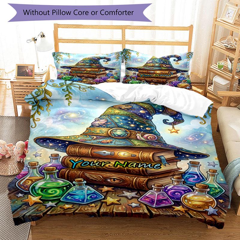 3PC Custom Name Magic Hat Potions Bedding Set Duvet Cover Closure Includes 1 Duvet Cover & 2 Pillowcases for Bedroom