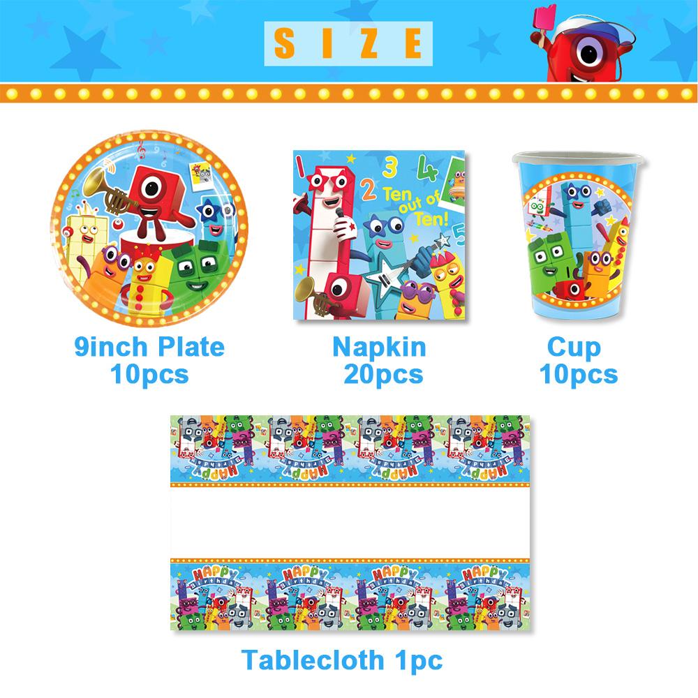 Cartoon Blocked Number Theme Birthday Party Decoration Building Background Plate Cup Balloon Backdrop Photography Prop Kid Gifts