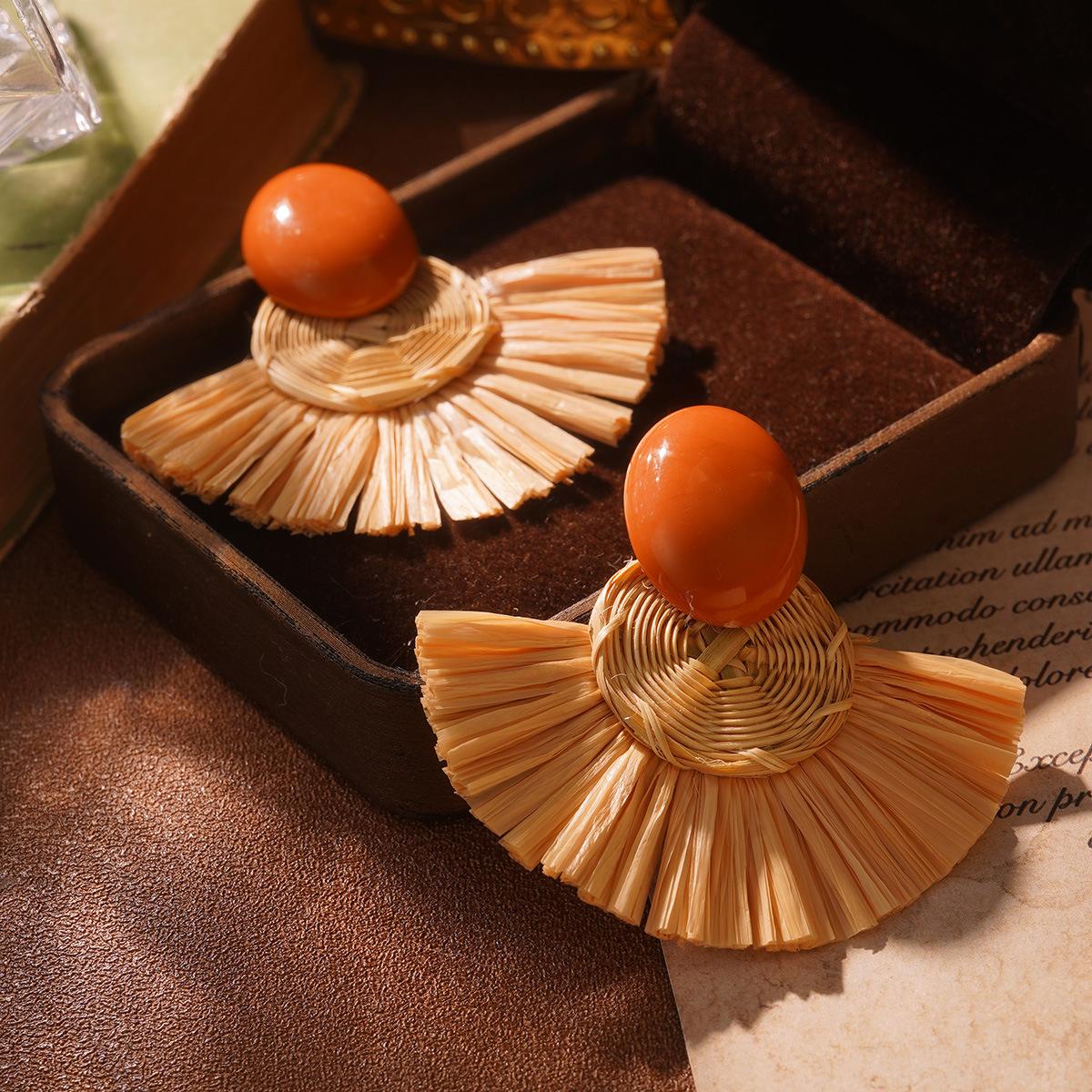 French retro ins vacation rattan earrings geometric women s spring and summer high sense medieval niche earrings temperament jewelry