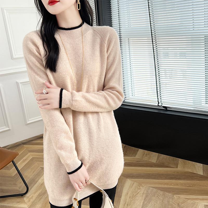 2024 Women's Mid-Length Wool Sweater Dress – Warm Half-High Collar, Hip-Hugging Knit, Perfect Inner Layer for Coats