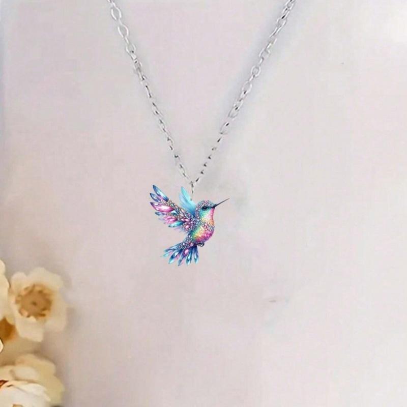 1 Set of Elegant and Stylish Acrylic Colorful Honey-sucking Bird Necklace Earrings Set with Multi-color Wing Design, Suitable Fo