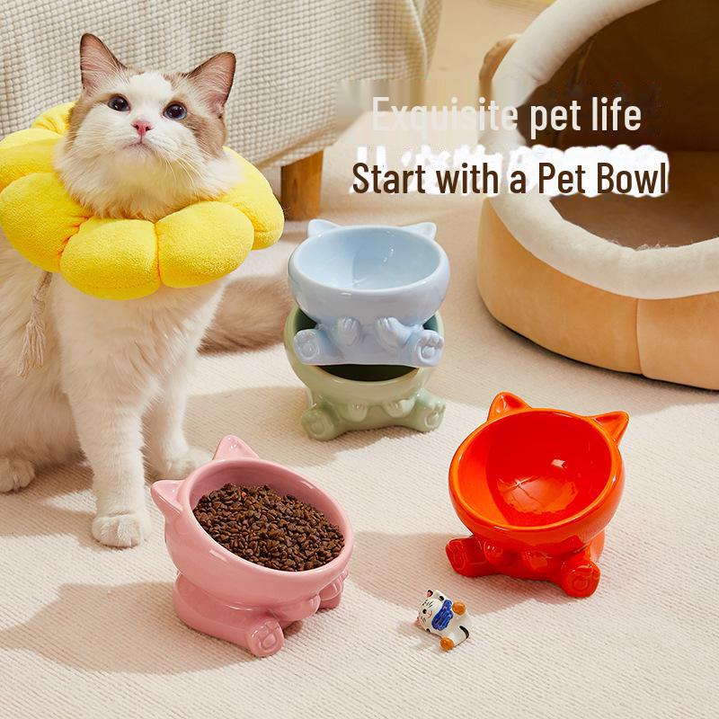 Ceramic Cat & Dog Food Bowl with Elevated Design for Neck Protection & Spill Prevention