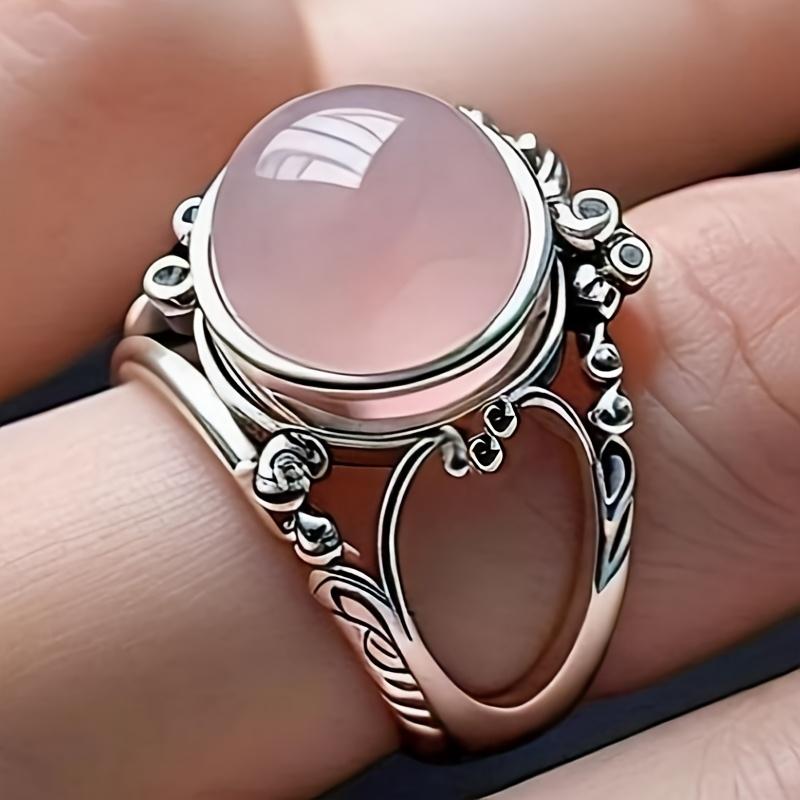 Huitan Sweet Women Ring Pink Bead Stone Aesthetic Party Accessories Engraved Design Vintage Lady Temperament Daily Jewelry