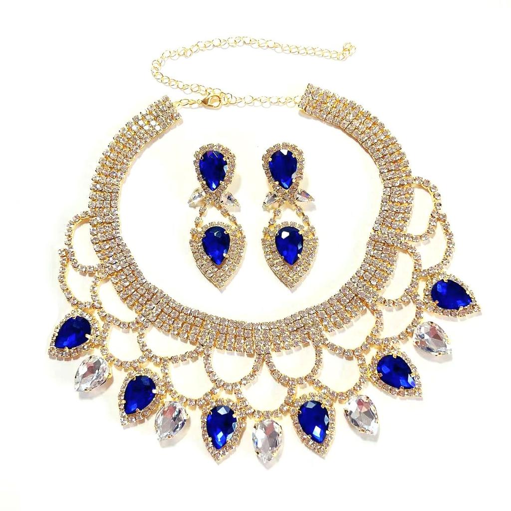 New Fashionable European and American Exaggerated Handmade Rhinestone Colored Crystal Necklace Earring Set Bridal Dress Jewelry
