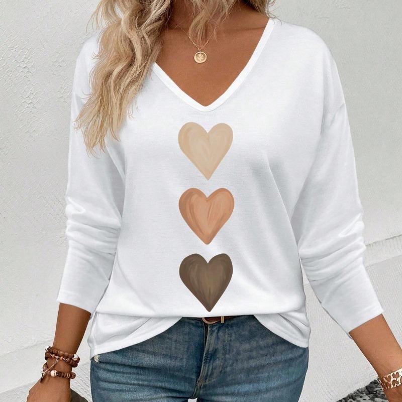 Women Casual Comfortable V Neck Long Sleeve Heart Print T Shirt