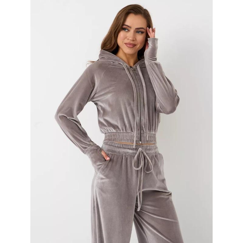 Women Casual Solid Color Zip Up Hooded Sweatshirt Wide Leg Pants Two Piece Set