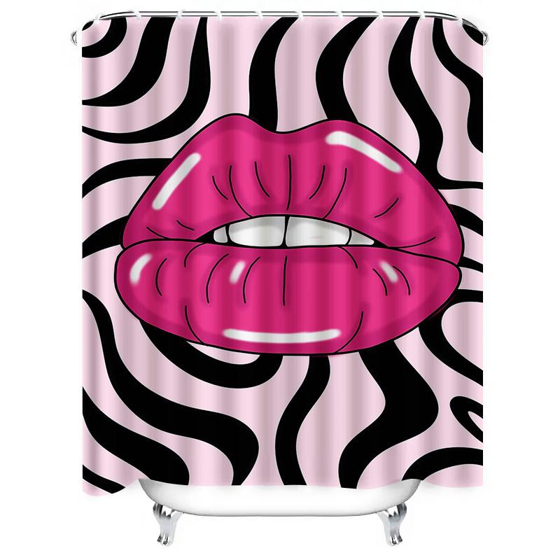 Bold Statement Black White Striped Bath Curtain with Pink Lip Design for Bathroom Decor Durable Waterproof Shower Curtain Set