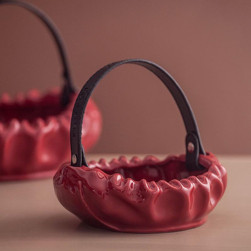 Creative Tray Red Basket Desktop Storage Container Fruit Platter Ceramic Plate Pleated Basket Home Decoration Accessories