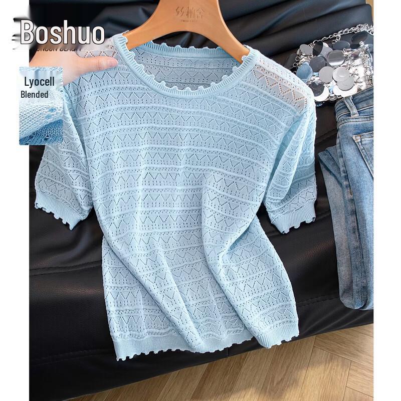 Women s Lyocell Hollow Knit Short Sleeve Top One Size
