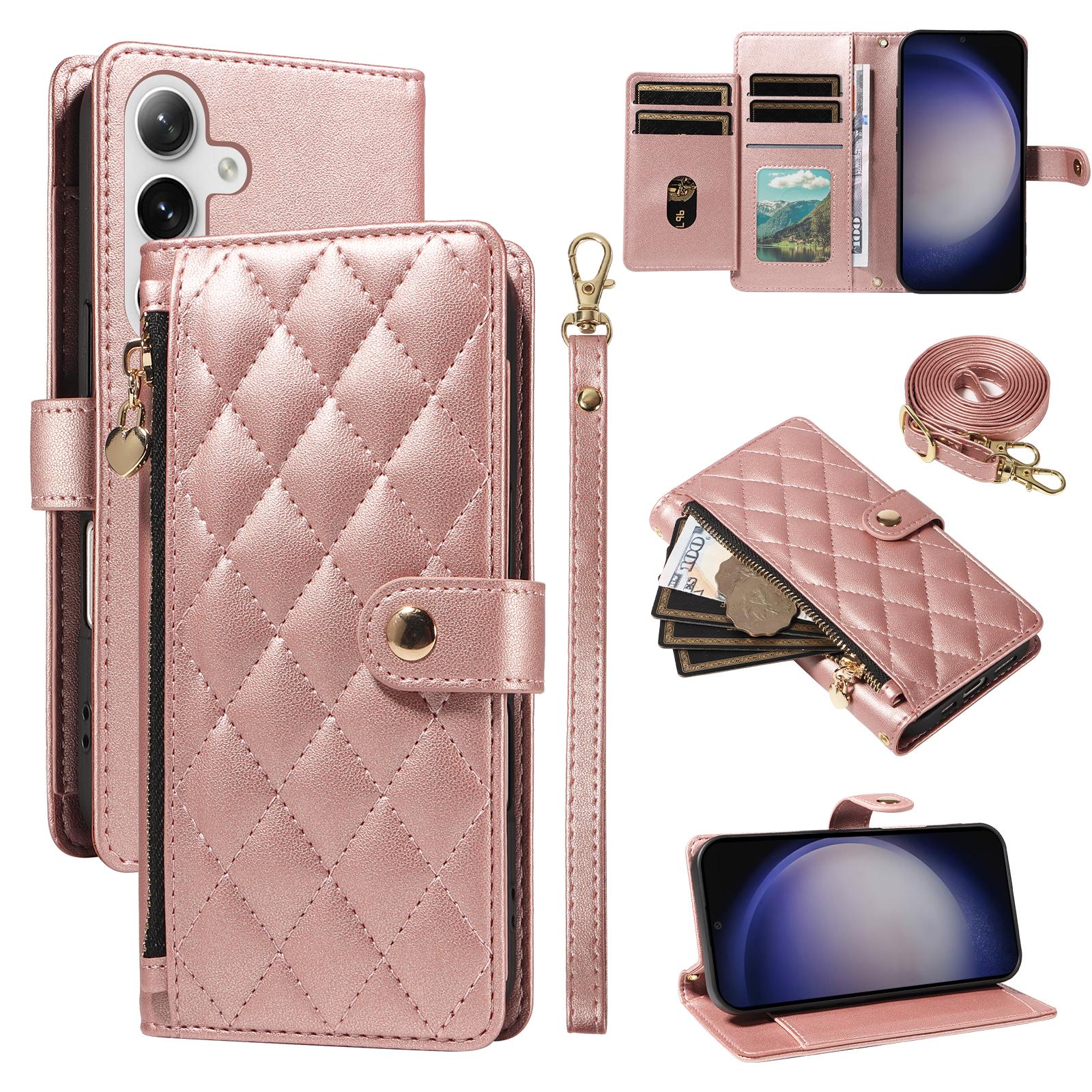 

For Samsung Galaxy S24+/Galaxy S25+ Wallet Case with Straps,Rhombus Leather Stand Phone Cover Rose Gold