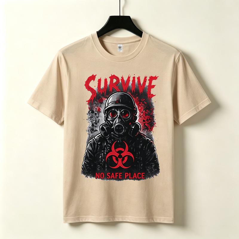 Survive Gas Mask Biohazard Tshirt Zombie Apocalypse Horror Graphic Dark Grunge Streetwear Black White Navy Casual Top Harajuku