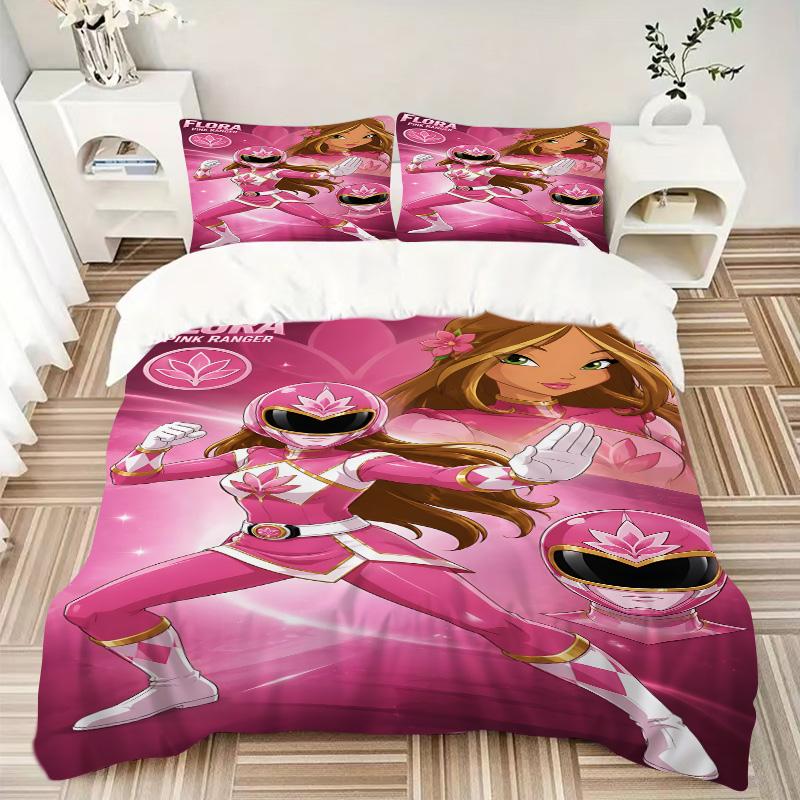 3pcs Pink Ranger Power Suit Bedding Set, Includes One Quilt Cover and Two Pillowcases, Bedroom and Guest Room Decoration. T72301115