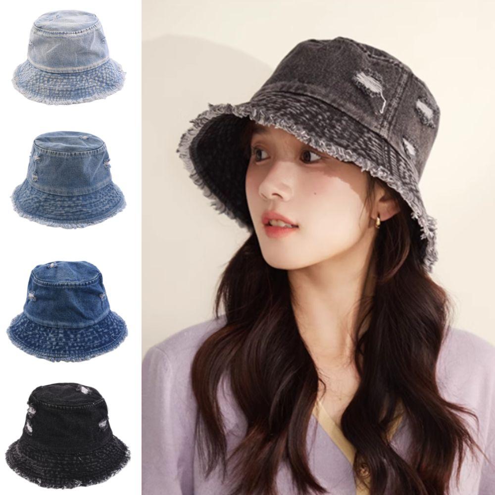 Washed Denim Denim Bucket Hat Large Brim Sun Protection Hat Personalized Basin Hat  Beach
