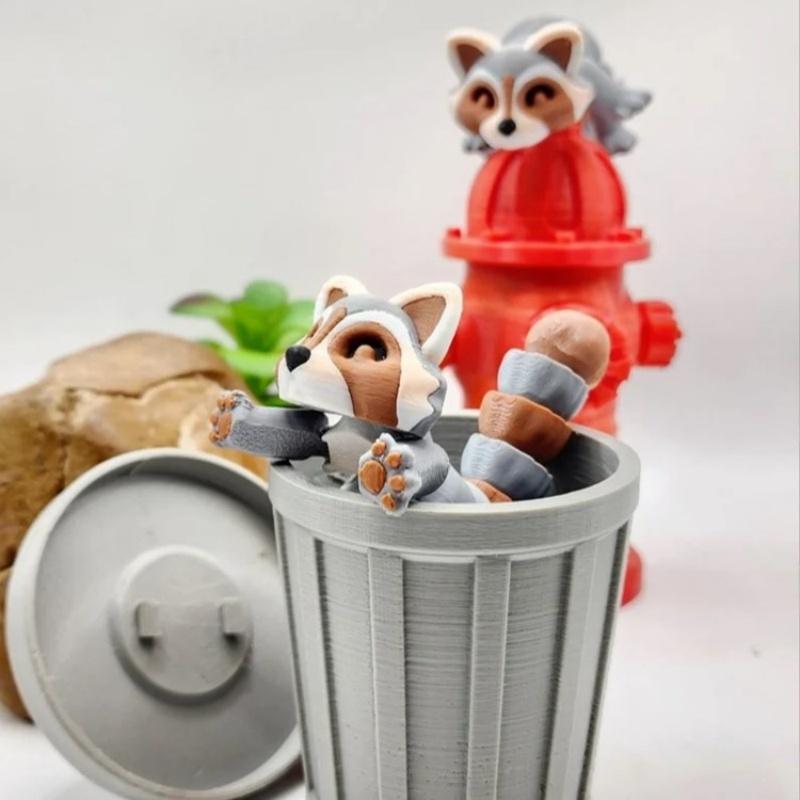 3D Printed Articulated Raccoon Fidget Toy Withtrash Can Multi-Jointed Movable Animal Landscape Decorations Desktop Home Model
