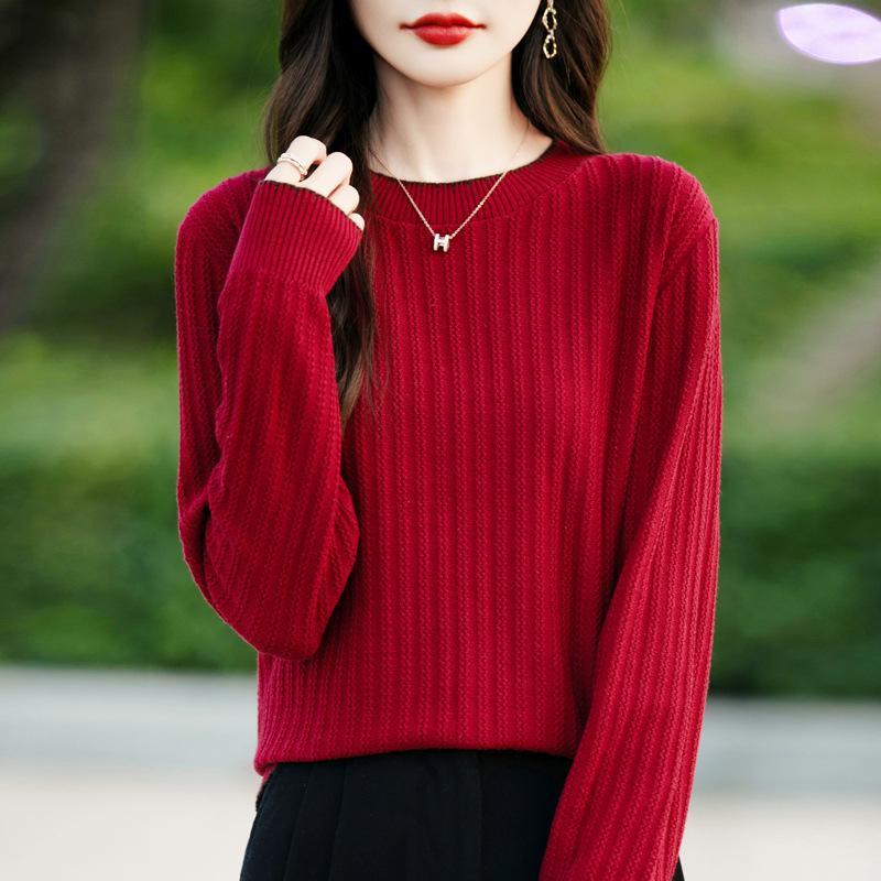 Autumn Winter Round Neck Casual Fashion Patchwork Bottomed Sweater Women Solid Color All-match Knitting Top