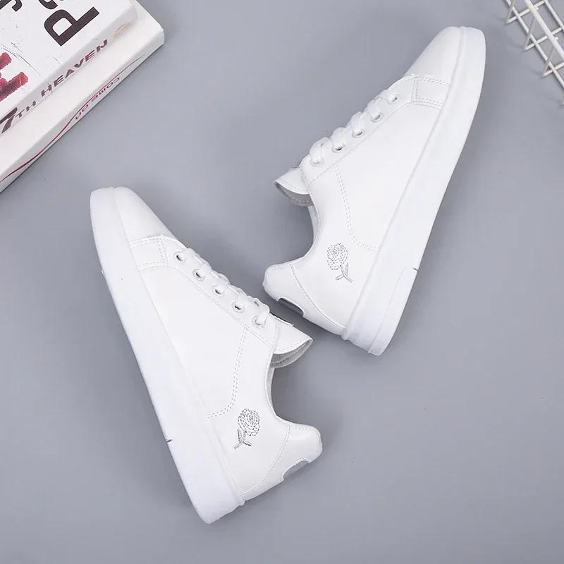 Women Leather  Casual Shoes New 2024 Woman Shoes Fashion Embroidered White Sneakers Breathable Flower Lace-Up Women Sneakers
