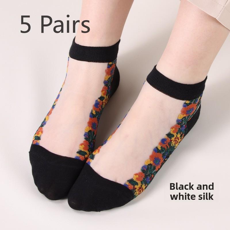 

5 Pairs Vintage Clear Glass Silk Women s Boat Socks Flower Clear Silk Women s Boat Socks Crystal Silk Women s Boat Socks 5 Pairs белый/чёрный
