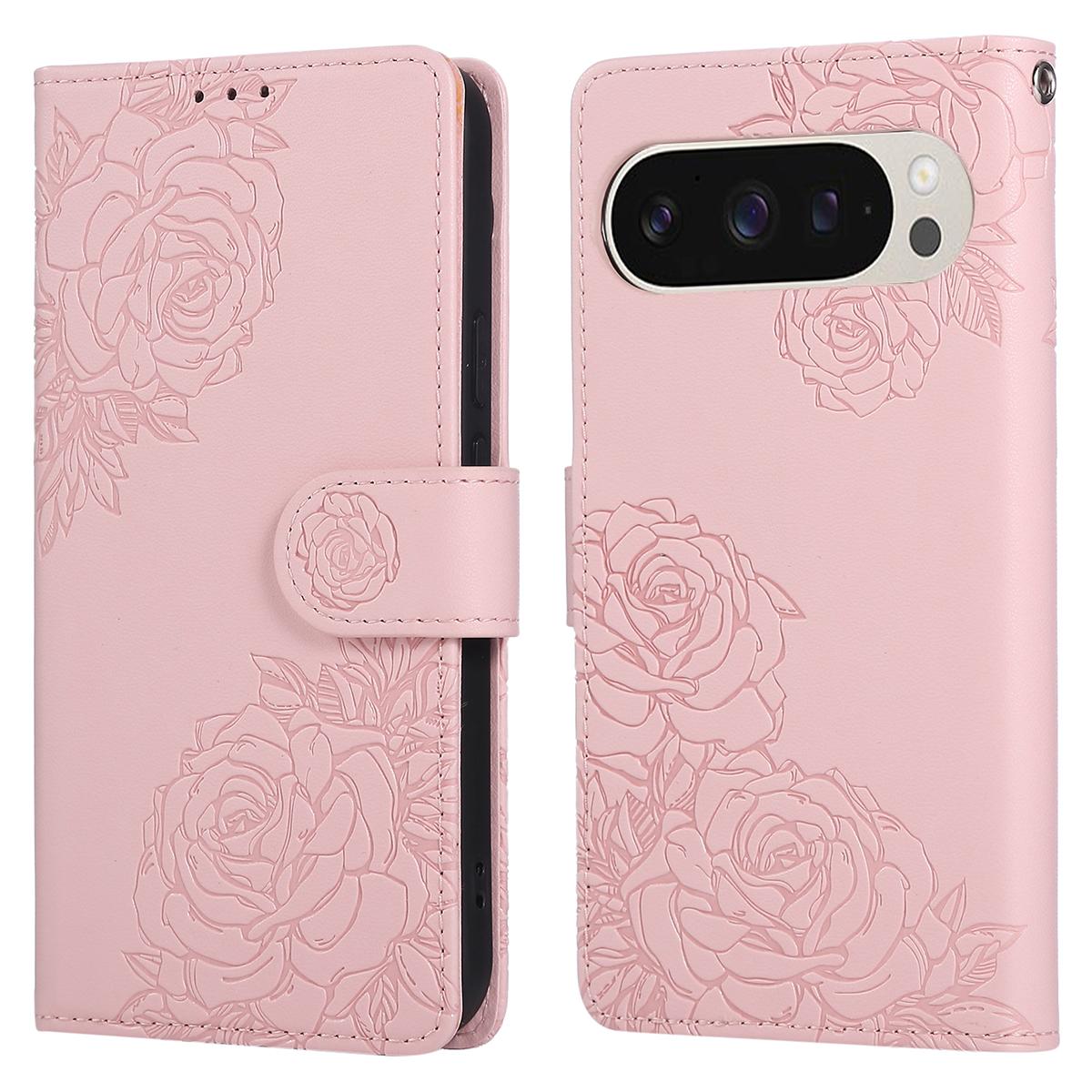 

Phone Case For Google Pixel 10/10 Pro/9/9 Pro ,Rose Flower PU Leather Wallet Cover with 3 Card Slots/Wrist Strap Rose Gold