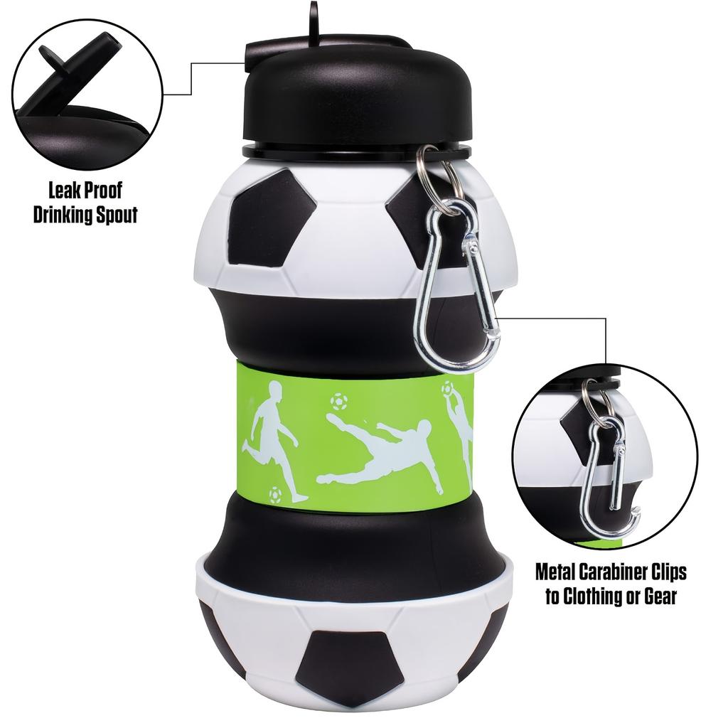Football Pattern Folding Silicone Water Bottle 550ml, Leakproof Portable Collapsible Bottle, High Temperature Resistant