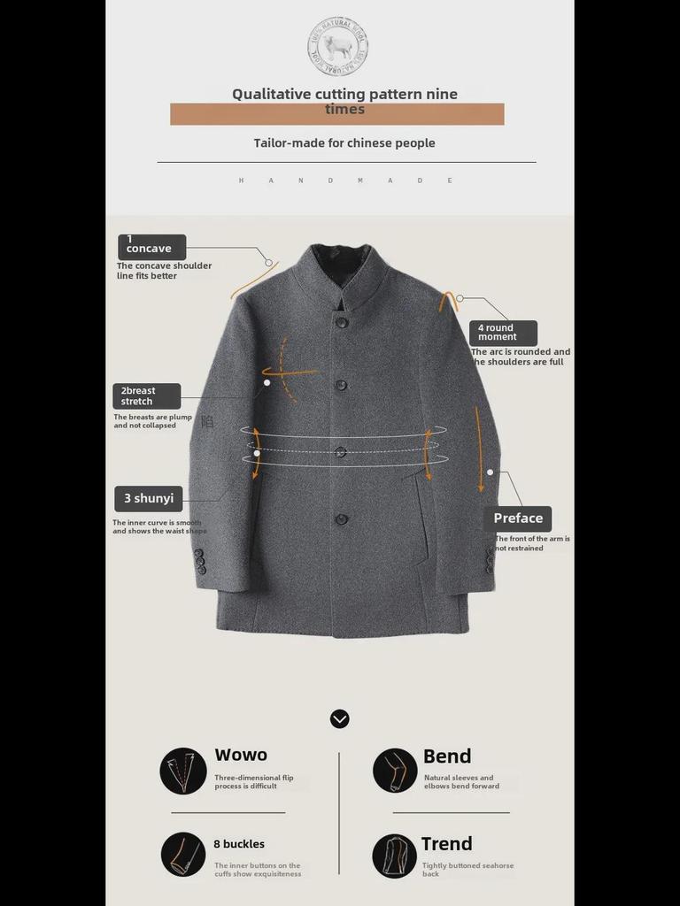 Abrigo de Lana de Largo Medio para Hombre con Piel de Visón, Forro Desmontable de Plumón de Ganso y Cuello Mao