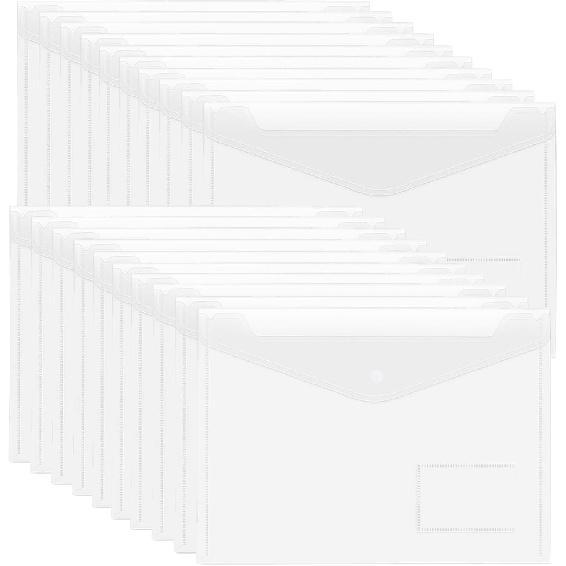 20pcs Plastic Envelopes, Clear Envelopes with Snap Button Closure, Document Folders Letter Size A4 Size File Envelopes with Label Pocket for School 20