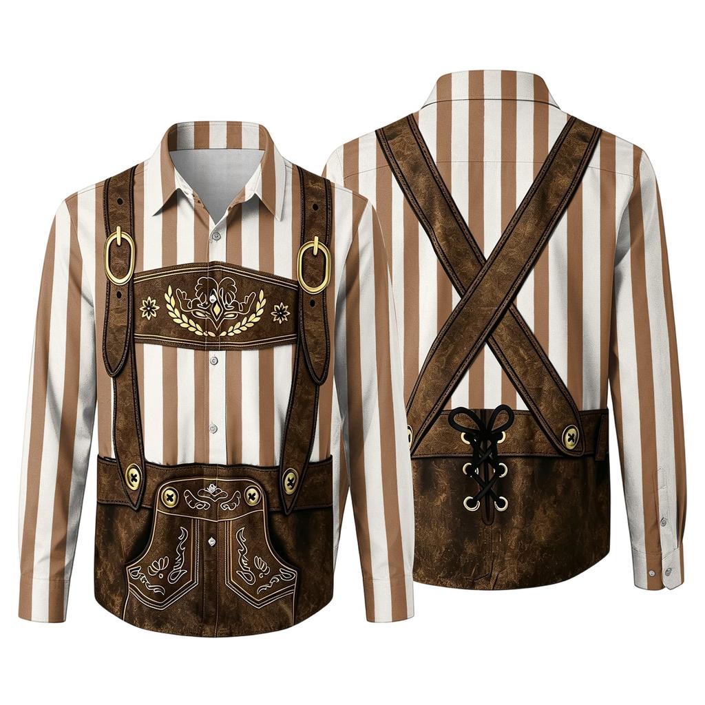 Herren Oktoberfest 3D-Druck Locker geschnitten Langarmhemd Button-Down-Kragen Lässig Vintage-Stil Atmungsaktives Hemd für Outdoor-Veranstaltungen und Partys